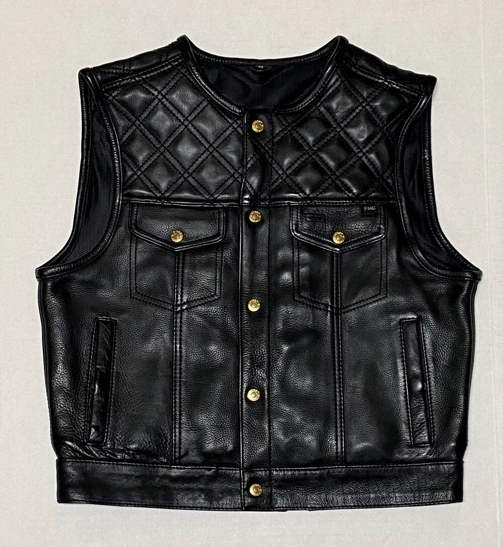 First Mfg Co 12 Gauge Mens Motorcycle Leather Vest Medium M Black Diamond Quilt